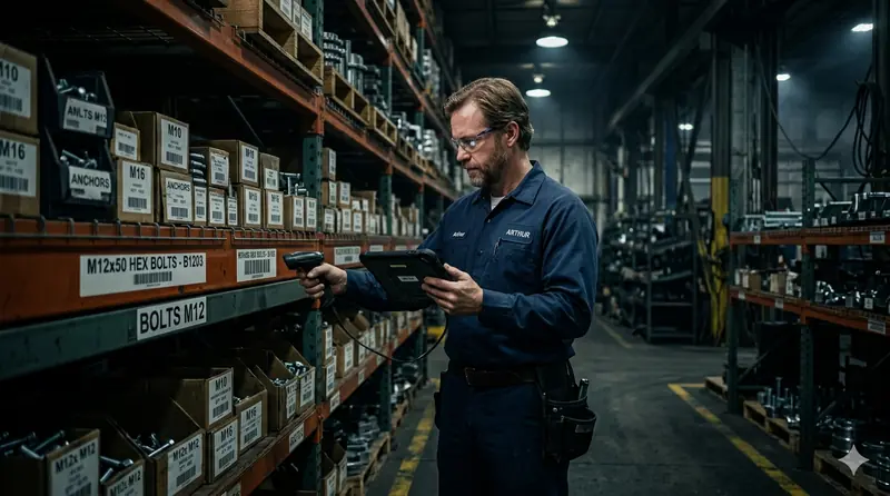 Painel de controle de estoque industrial com alertas de reposição automática