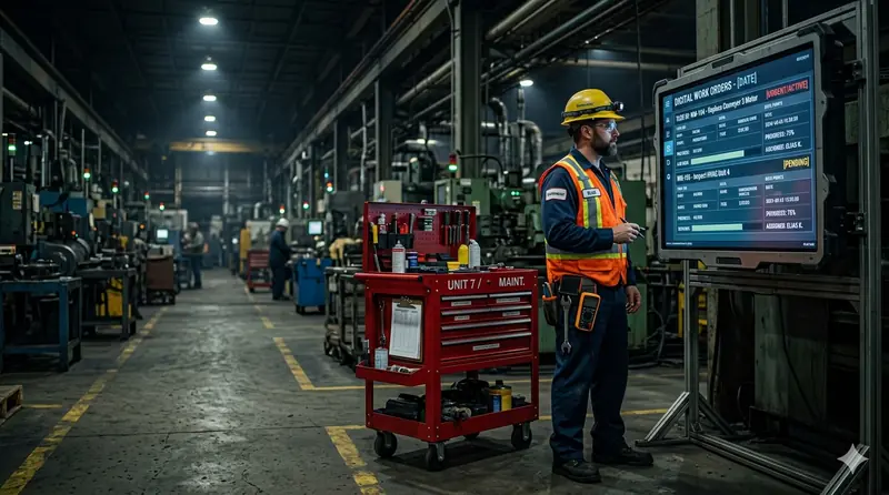 Dashboard de gestão de manutenção industrial com ordens de serviço digitais